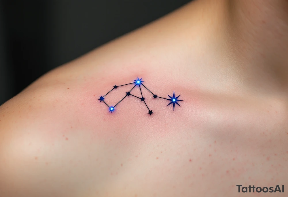 A minimalist Sagittarius constellation tattoo, with thin, fine lines connecting the bright stars. The stars are dotted with a subtle blue glow. The tattoo can have a faint purple watercolor wash around the lines to give it a celestial vibe, with the stars representing the Sagittarian quest for wisdom and truth. tattoo idea