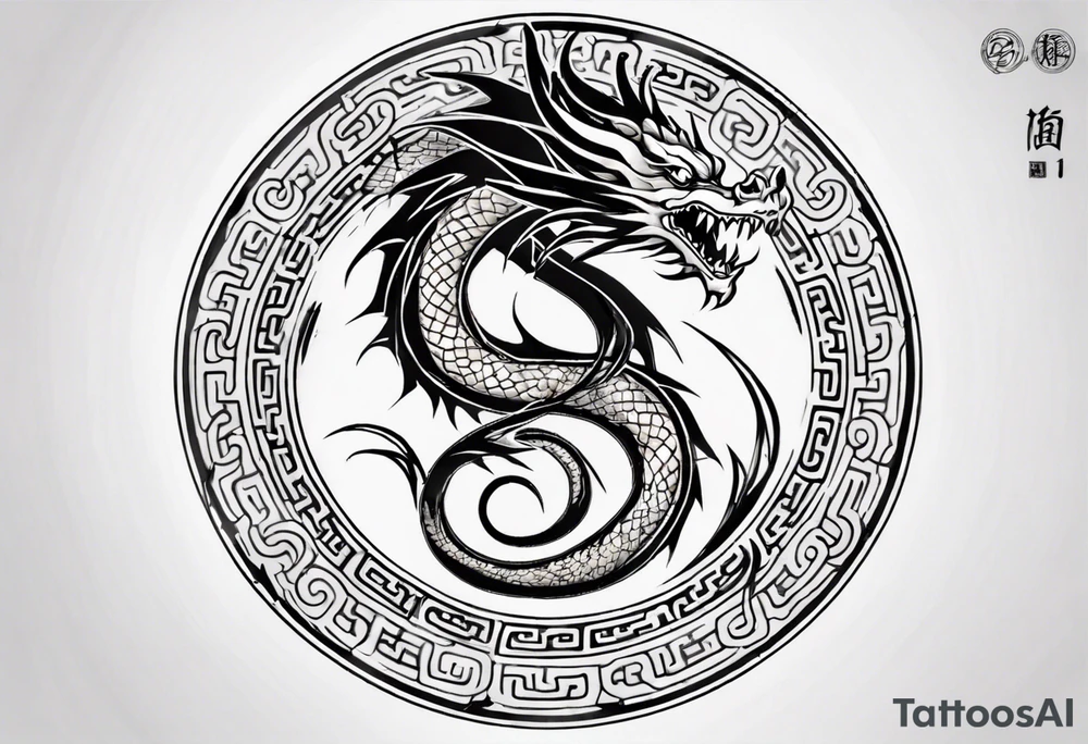 Chinese dragon in a circular shape with "02.03" written on its skin tattoo idea