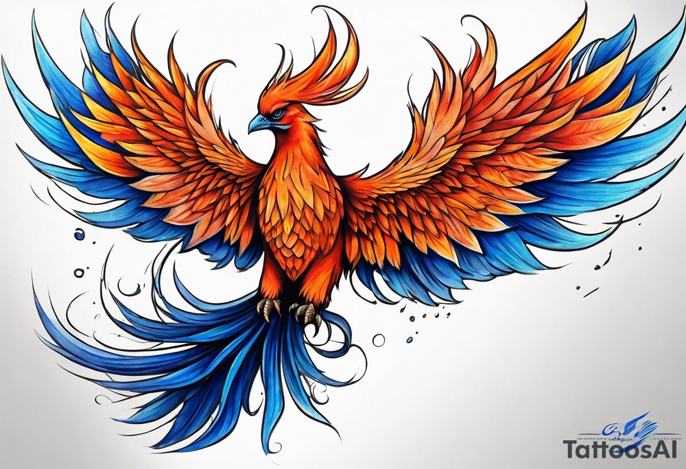 Proud Strong red orange phoenix with blue tips tattoo idea