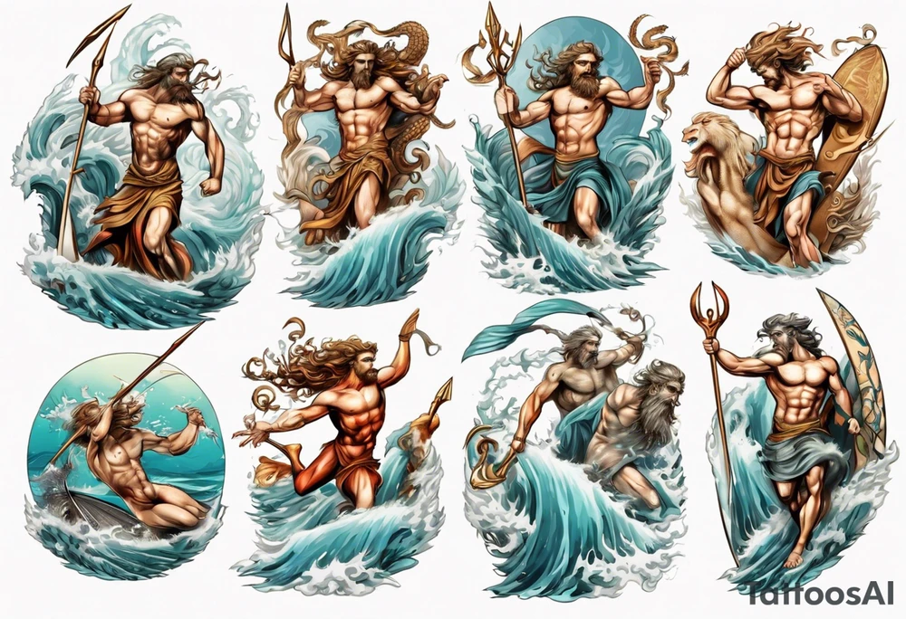 Ancient Greek gods of the sea fighting with surfer  and trident  with other gods and Greek nymphs tattoo idea
