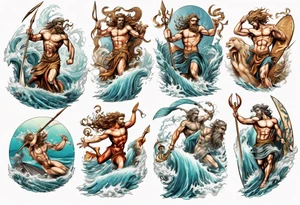 Ancient Greek gods of the sea fighting with surfer  and trident  with other gods and Greek nymphs tattoo idea