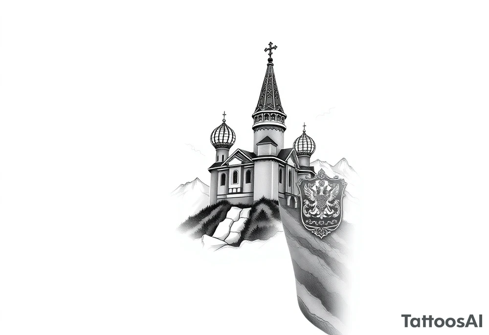 russian orthodox christian left arm tattoo with st basils cathederal in a mountainous setting with clouds with a russian coat of arms tattoo idea