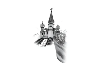 russian orthodox christian left arm tattoo with st basils cathederal in a mountainous setting with clouds with a russian coat of arms tattoo idea