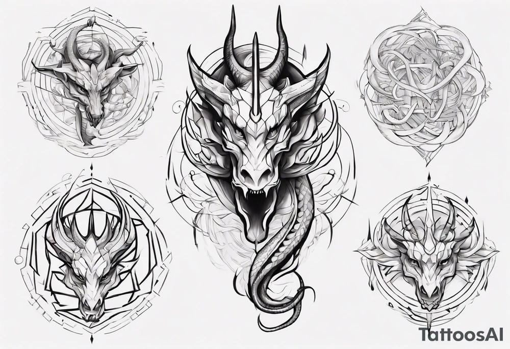 a long dragon intertwined along the arm with horns, mane, scales tattoo idea