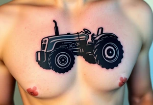 A black and chrome tractor silhouette, with bold shading and a strong, industrial aesthetic. tattoo idea