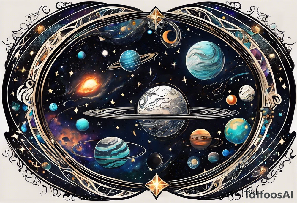 A tattoo featuring a cosmic scene with planets, black holes, and supernovae intertwined with intricate linguistic symbols, reflecting the client's interests in cosmology and linguistics. tattoo idea