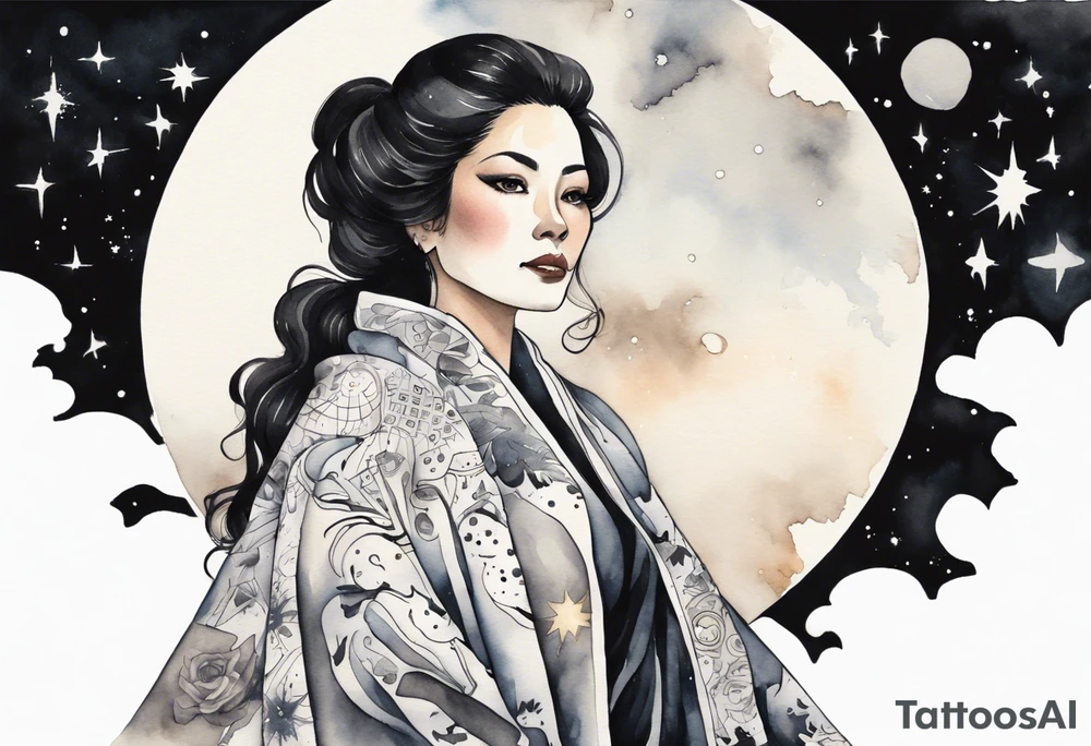 a watercolor of a beautiful 40-year-old latina woman wearing black and white cloak with the night sky in the background tattoo idea