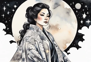 a watercolor of a beautiful 40-year-old latina woman wearing black and white cloak with the night sky in the background tattoo idea