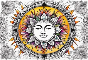 sacred moon and sun painted with Anishinaabe floral all over tattoo idea