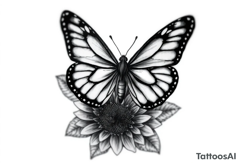 The central focus is a large butterfly with intricate wing patterns, which appears to be a monarch butterfly. It is resting on a sunflower, with its wings spread open.With the name Shari  in it tattoo idea