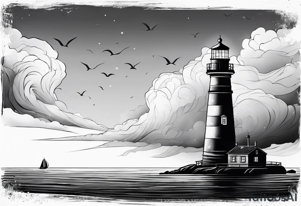 maritime lighthouse partially hidden by its large fixed sail. calm sea reflection. tattoo idea