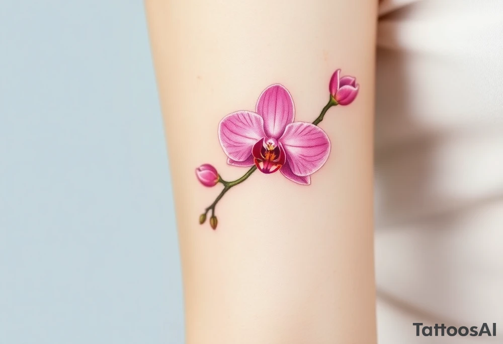 A delicate pink orchid branch, wrapped around the wrist like a bracelet, with soft watercolor shading tattoo idea