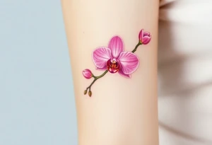 A delicate pink orchid branch, wrapped around the wrist like a bracelet, with soft watercolor shading tattoo idea