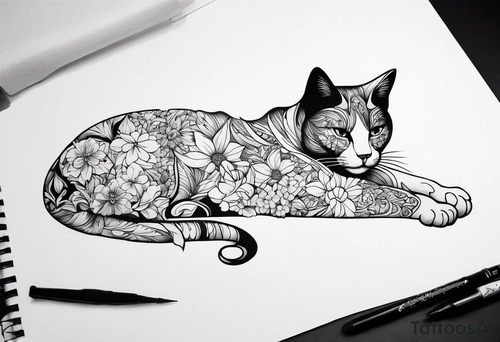 Art nouveau forearm tattoo of cat in flowers tattoo idea
