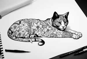 Art nouveau forearm tattoo of cat in flowers tattoo idea