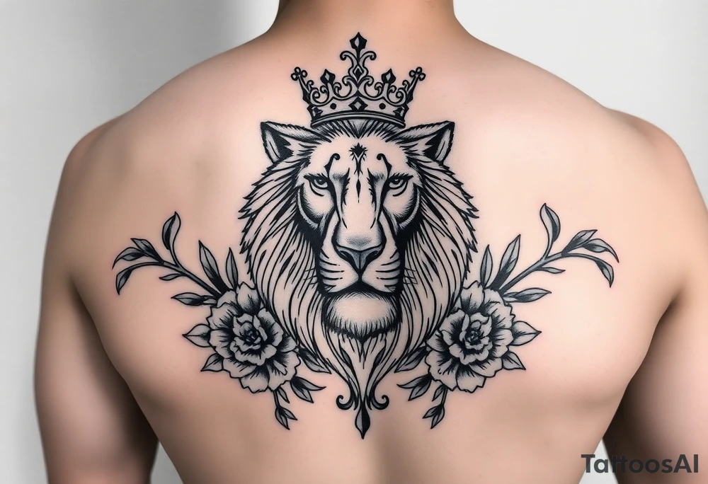 powerful majestic lion with a crown, surrounded by floral orna tattoo idea