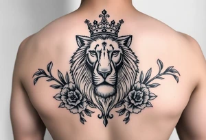 powerful majestic lion with a crown, surrounded by floral orna tattoo idea