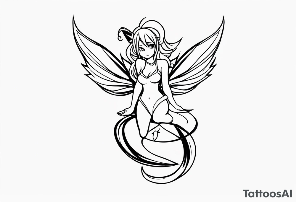 No color fairy with a tail inspired by the guild symbol in the anime show called Fairy Tail in a fetal position leaning in and forward while crawled in tattoo idea