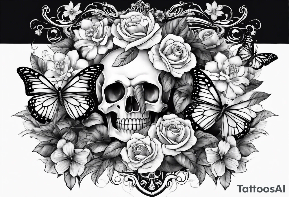 Sexy Skelton  sleeve with butterflies and flowers tattoo idea