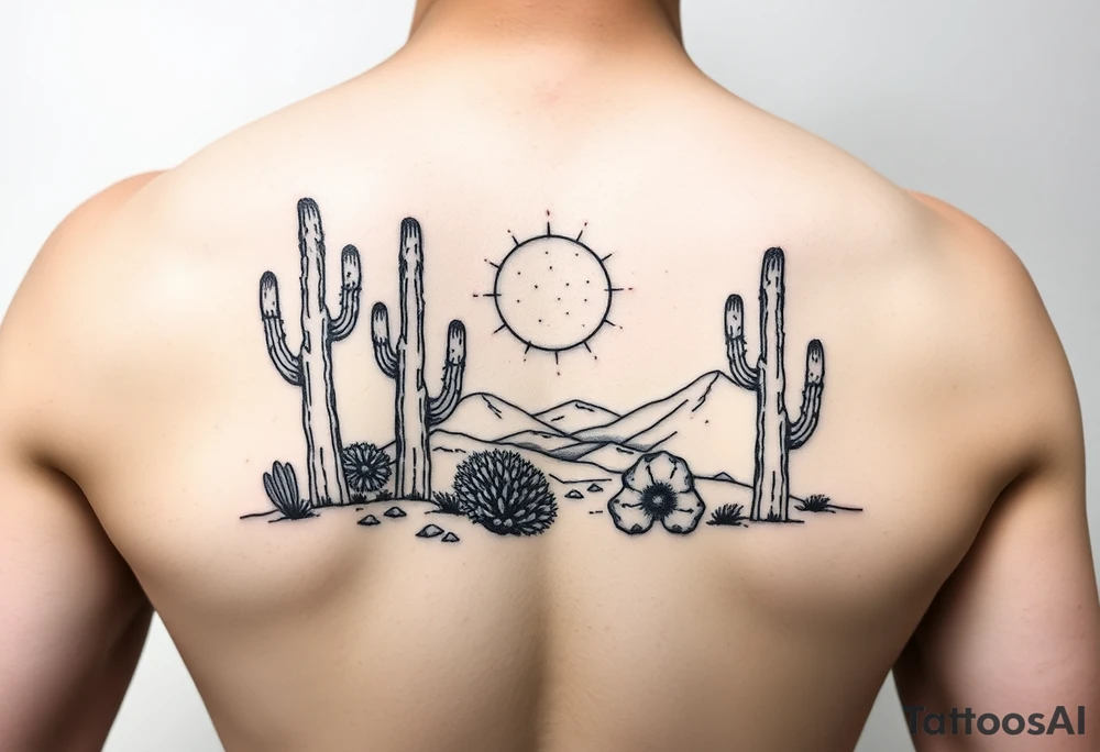 Kokopelli desert scene with cactus and sun tattoo idea