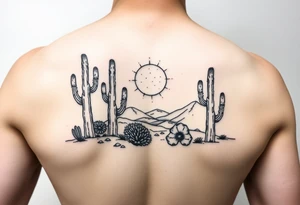 Kokopelli desert scene with cactus and sun tattoo idea