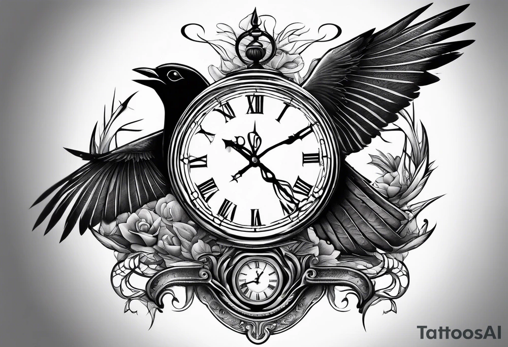 Man with pistol bird flying below and clock below bird tattoo idea