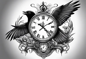 Man with pistol bird flying below and clock below bird tattoo idea
