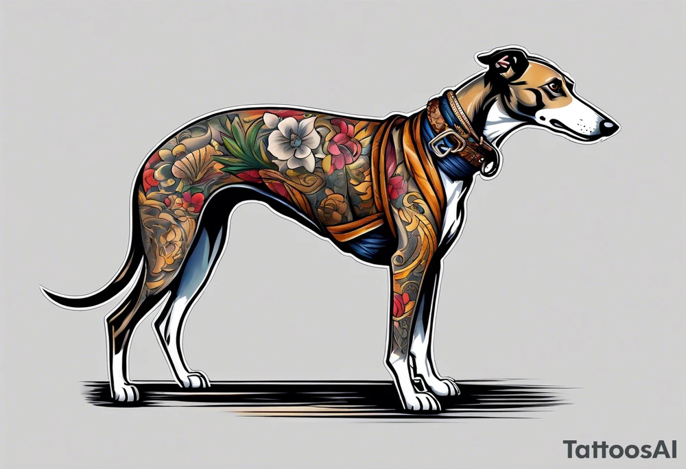 Punk greyhound standing on hind legs wearing leather jacket tattoo idea