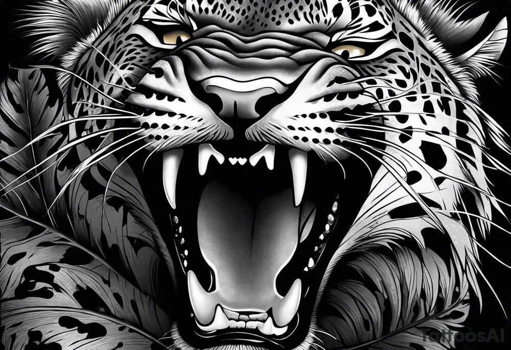 Black and grey realism with a pit viper snake, jaguar, and rainforest background for a forearm sleeve. Create the snake and jaguar to have aggressive features tattoo idea
