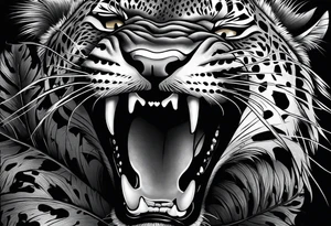 Black and grey realism with a pit viper snake, jaguar, and rainforest background for a forearm sleeve. Create the snake and jaguar to have aggressive features tattoo idea