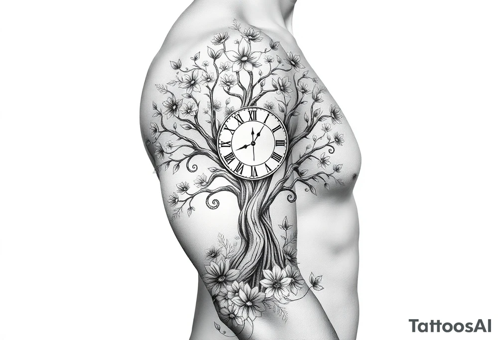 tree of life with clock, flowers,  surrounded by floral ornaments and birds tattoo idea