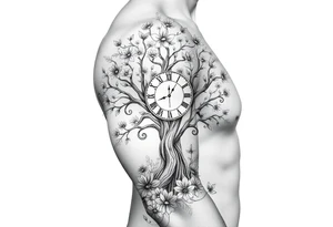 tree of life with clock, flowers,  surrounded by floral ornaments and birds tattoo idea