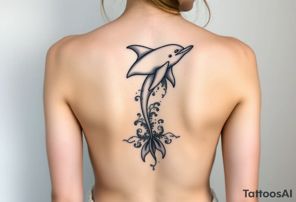 Dolphin and waves on spine tattoo idea