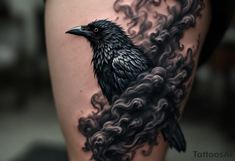 Crow Emerging from Smoke – A crow taking form out of swirling black and gray smoke. Textured shading with light white highlights. tattoo idea