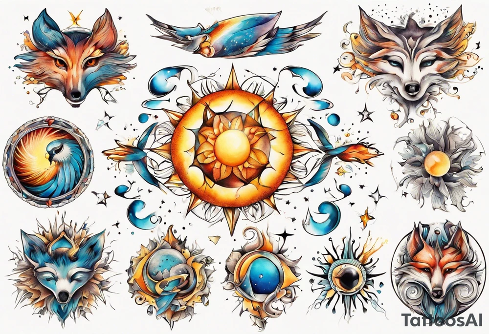 fisch, fuchs und eule , symetrie  sonne, universum, bunt, " sapere aude" tattoo idea