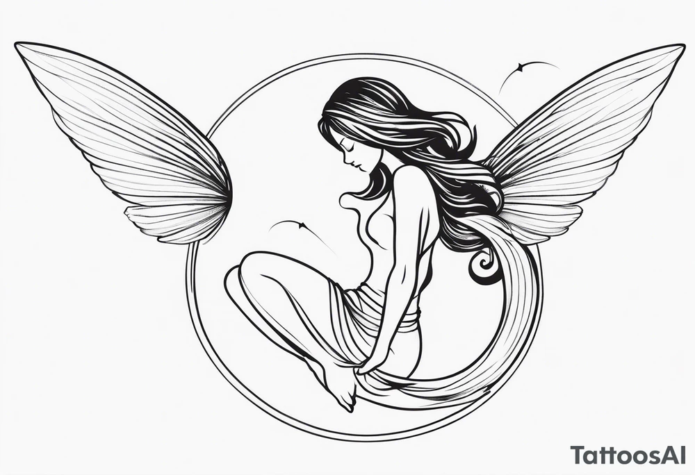 Minimalistic, monochromatic fairy with a tail flying to the left in a fetal position, leaning and looking in the same direction, with visible hands, embodying the 'Fairy Tail' logo aesthetic. tattoo idea