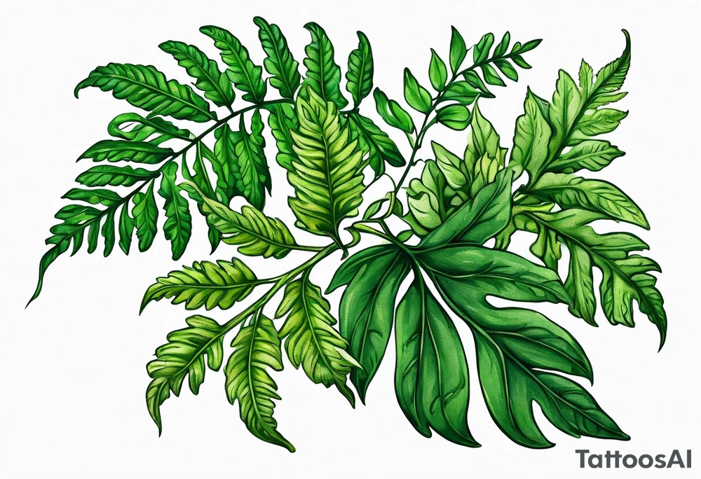 Fern leaf and basil leaf tied with a ribbon tattoo idea