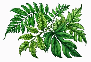 Fern leaf and basil leaf tied with a ribbon tattoo idea