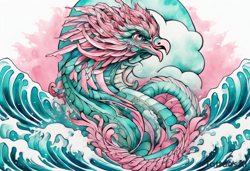 a beautiful turquoise pink and white sea Quetzalcoatl rising from the waves of the ocean with a feminine face tattoo idea