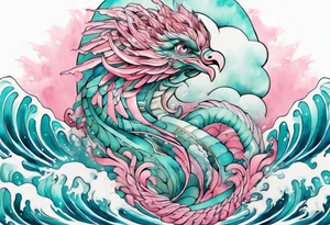 a beautiful turquoise pink and white sea Quetzalcoatl rising from the waves of the ocean with a feminine face tattoo idea