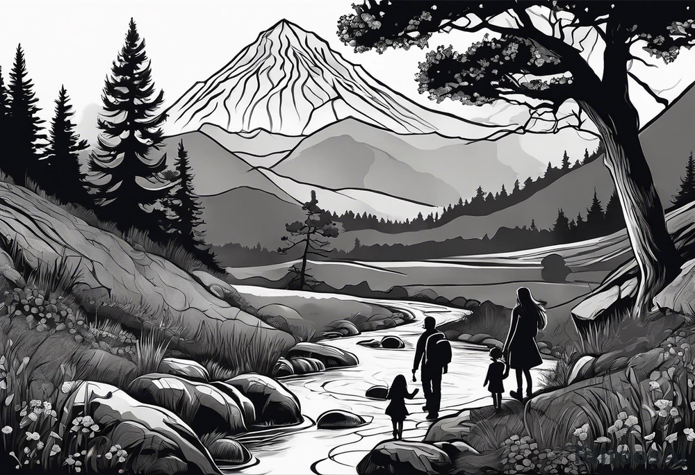 Family silhouette with a father, a mother, older son, older daughter, and small daughter foraging mushrooms with mountains and creek in background tattoo idea