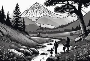 Family silhouette with a father, a mother, older son, older daughter, and small daughter foraging mushrooms with mountains and creek in background tattoo idea