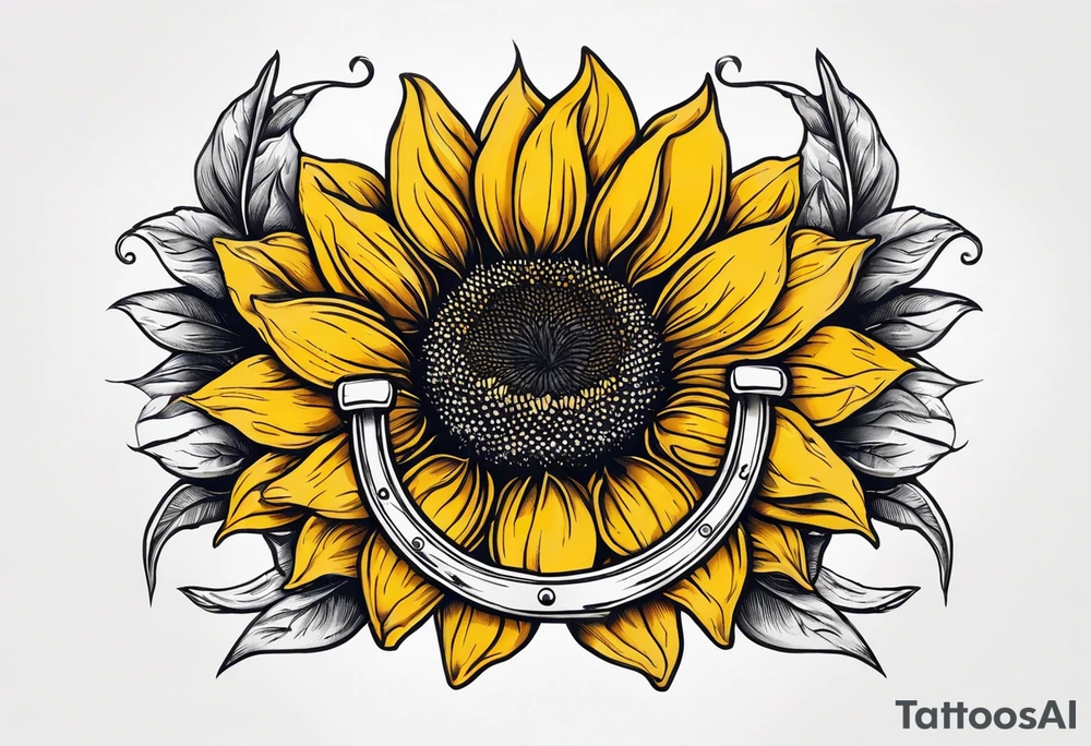 A steel horseshoe with a sunflower in the center tattoo idea