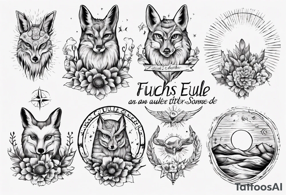 Fuchs und Eule unter der Sonne mit dem Schriftzug Sapere Aude tattoo idea