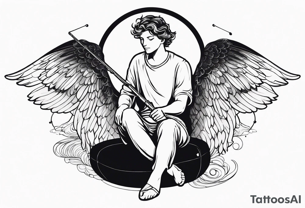male angel with wings and a halo sitting peacefully with fishing rod tattoo idea
