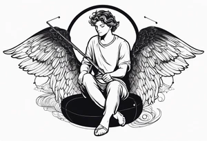 male angel with wings and a halo sitting peacefully with fishing rod tattoo idea