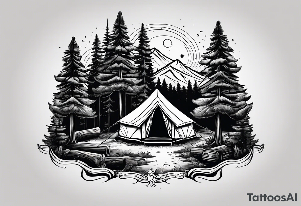 Campground with onr small tent and small fire pit with smoke billowing out of it. Forest of trees surrounding it with three large pine trees being the focus in the background. tattoo idea