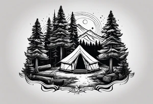 Campground with onr small tent and small fire pit with smoke billowing out of it. Forest of trees surrounding it with three large pine trees being the focus in the background. tattoo idea