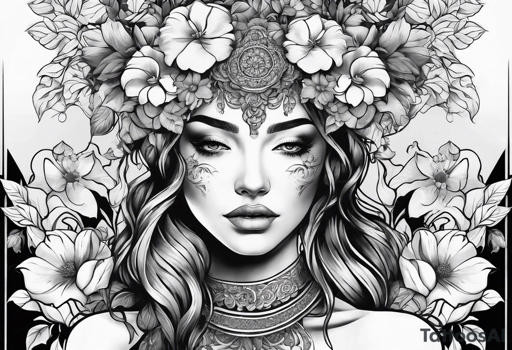 fine line tattoo with woman facing forward flowers covering her eyes and forehead with flowers growing out of her head tattoo idea