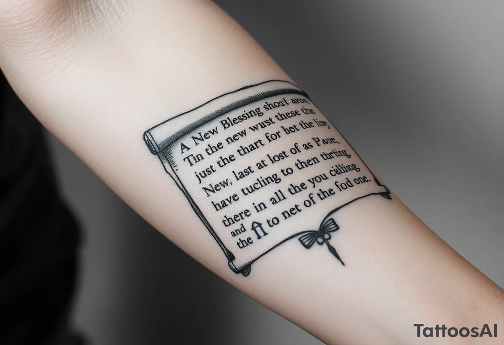 A large scroll of a bible scripture about new blessing and lost of a love one tattoo idea
